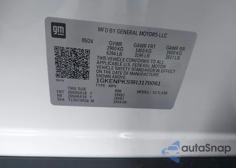 2024 GMC Acadia Awd At4 z USA, uszkodzony, nr VIN 1GKENPKS9RJ170061